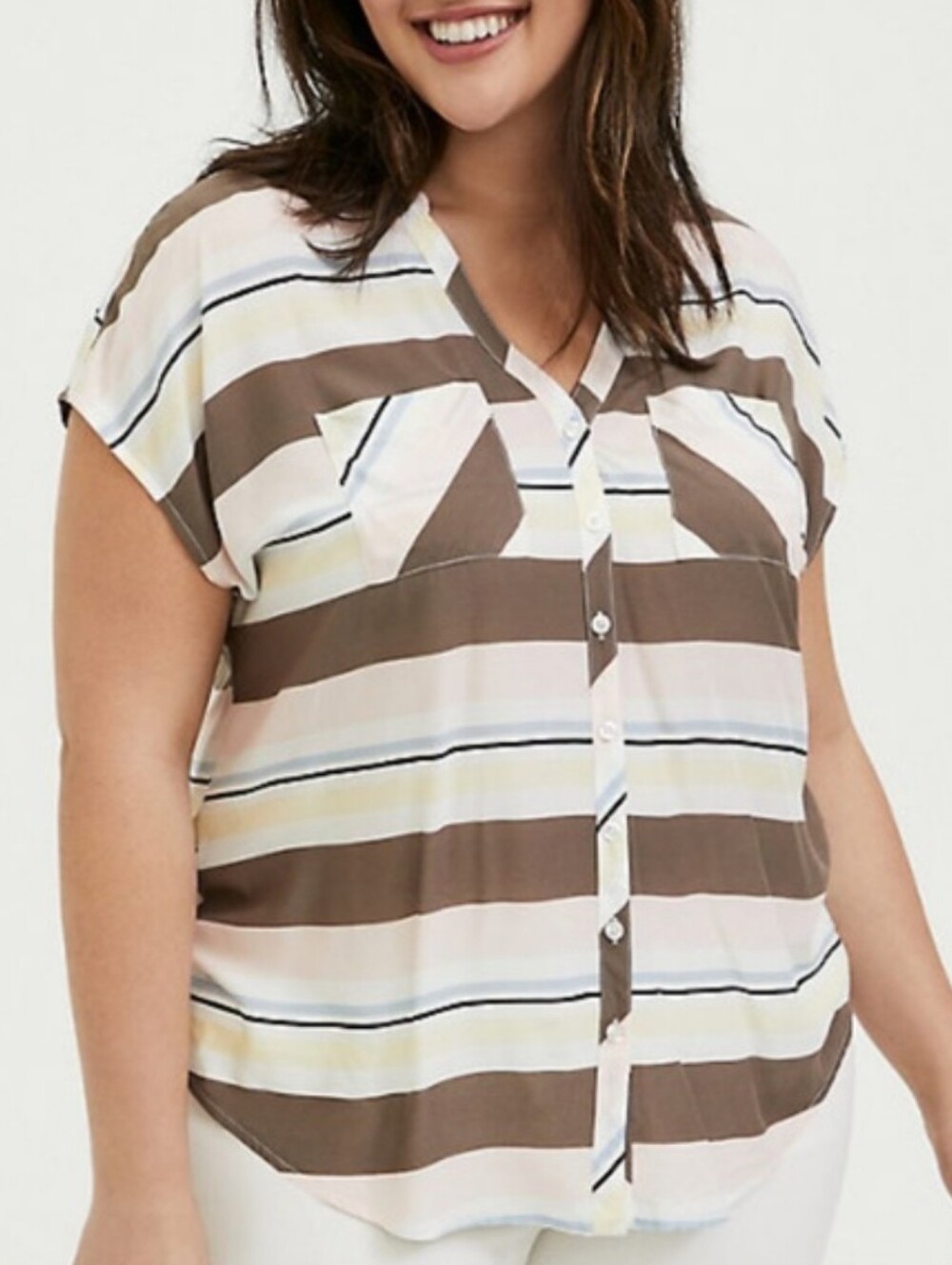 torrid Brown Cream and Light Pink Striped Button-Front Top